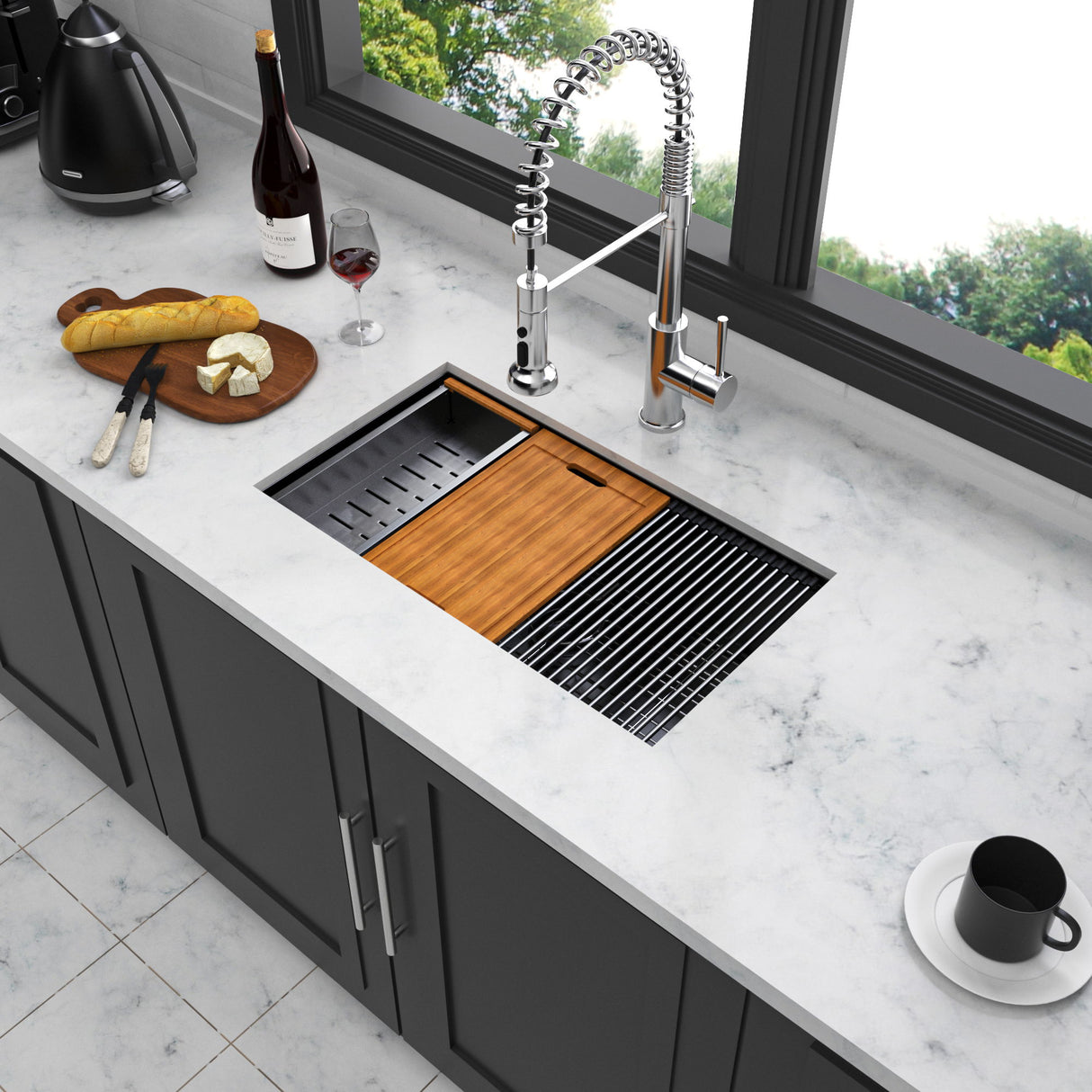 Workstation Kitchen Sink, Single Bowl Undermount 16 Gauge Stainless Steel - White