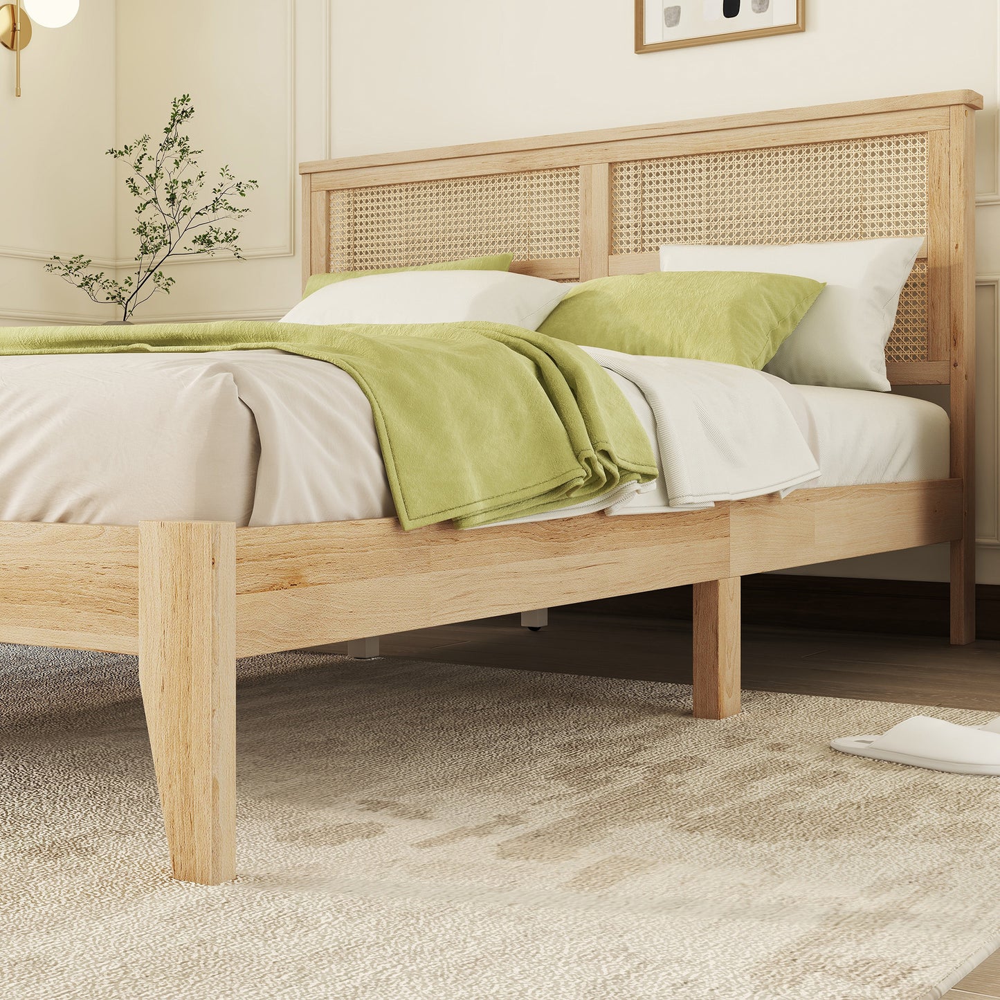 Queen Size Rubber Wooden, Solid Wooden Bed with Rattan Headboard, Enhanced by Support Feet,Oak White