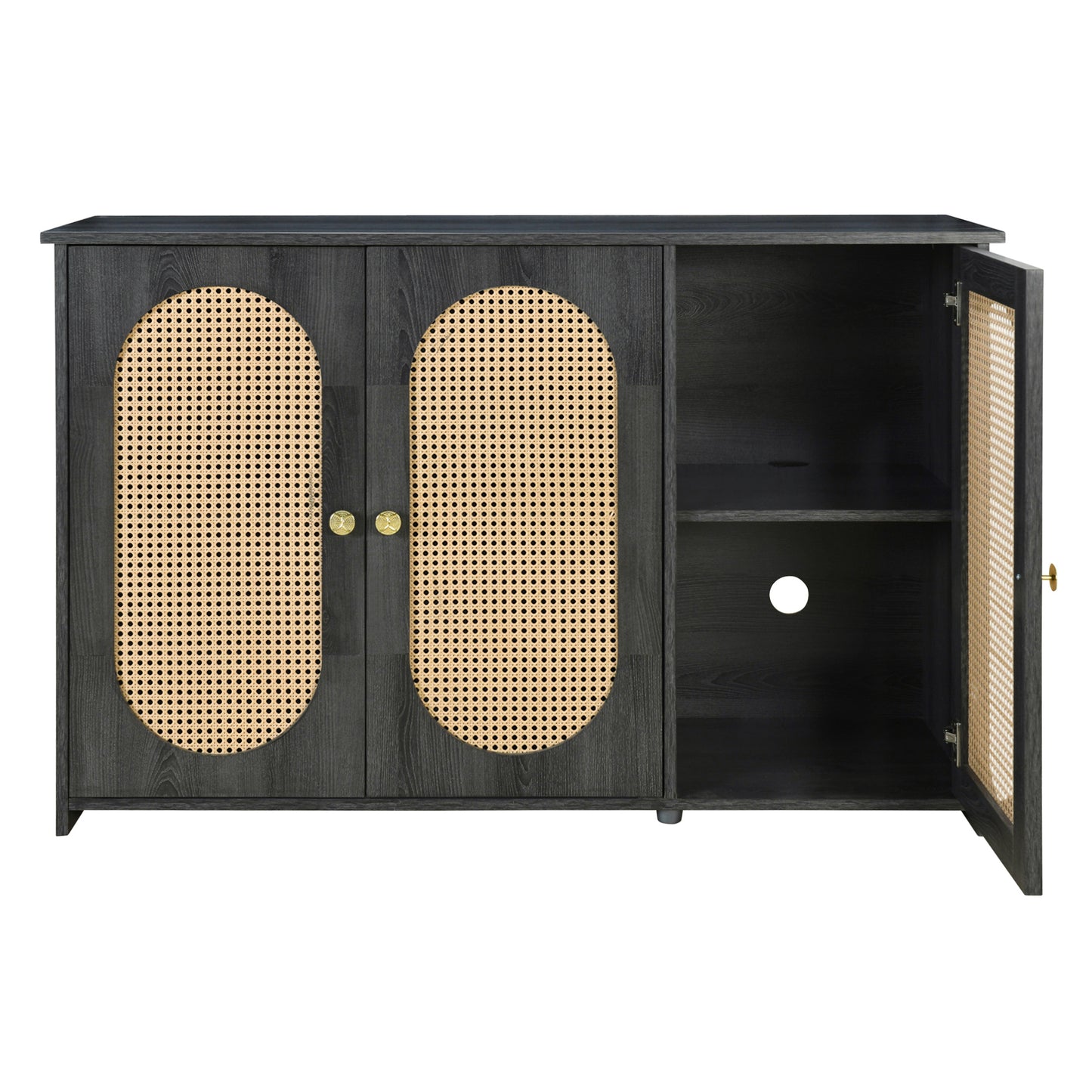 TREXM Retro 3-Door Sideboard with Large Storage Space Artificial Rattan Doors and Metal Handles, Accent Cabinet for Living Room and Hallway (Antique Black)