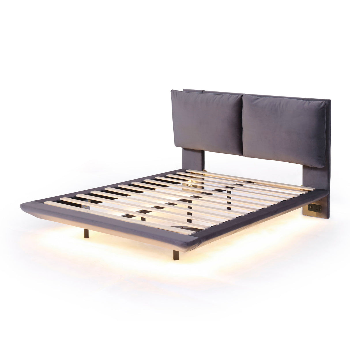 Upholstered Platform Bed With Sensor Light And 2 Large Backrests, With 2 Sets Of USB Port And Socket On Each Rear Bed Leg