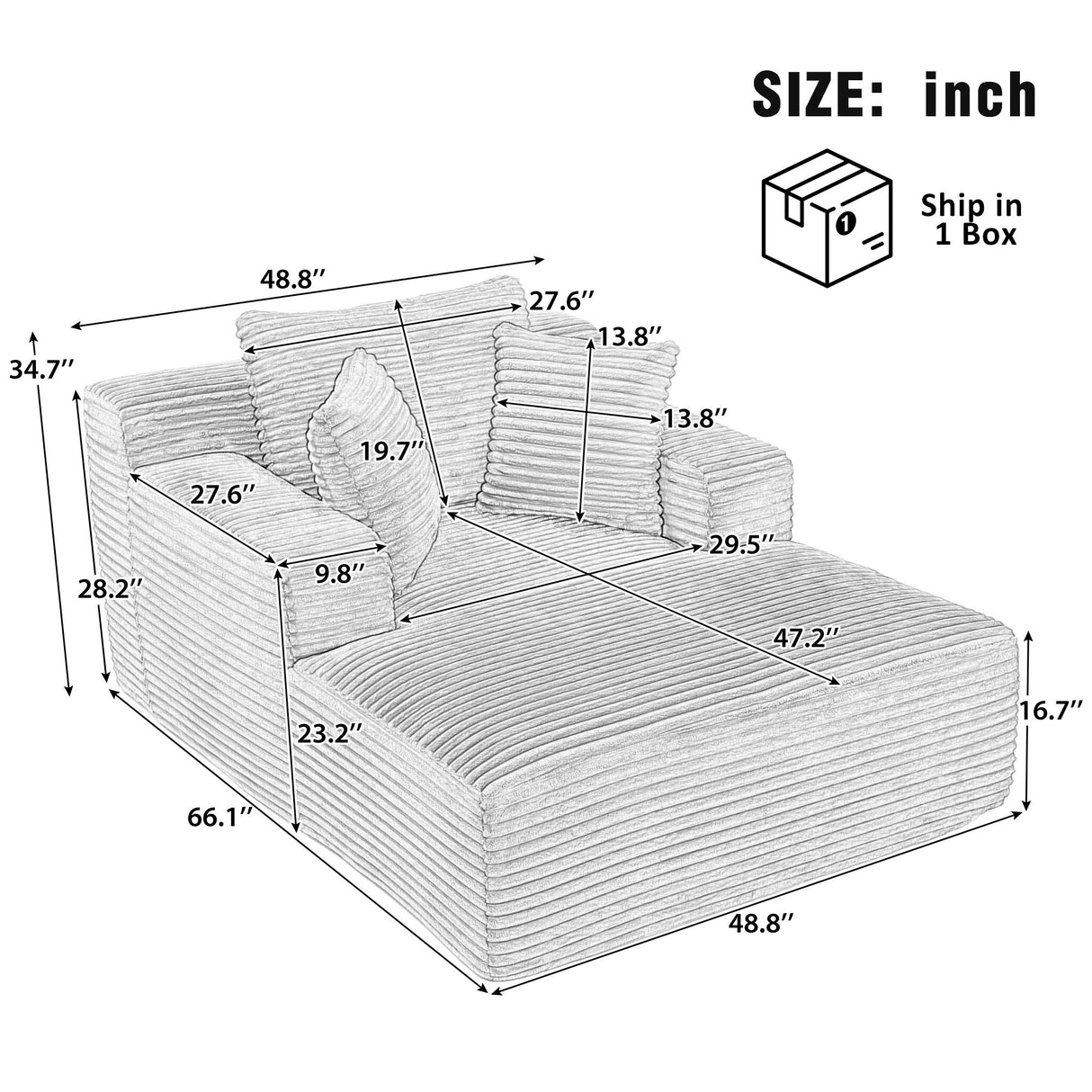Modern Full Compressed Chaise Lounge Sofa Bed With Removable Pillows, Upholstered - Gray