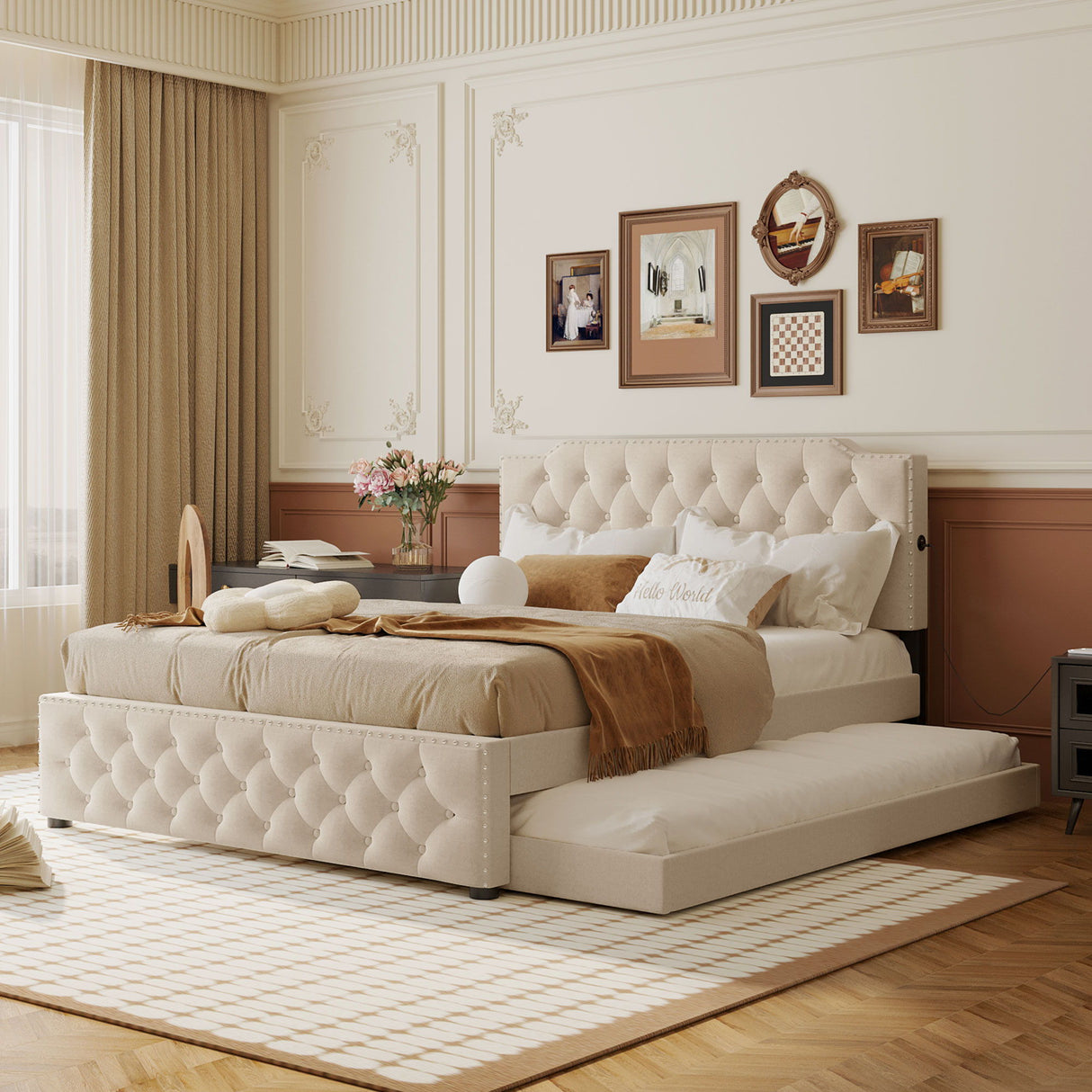 Upholstered Platform Bed With Trundle And 2 Sets Of USB Ports On Each Side, Linen Fabric