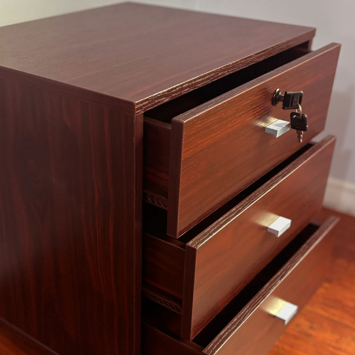 3 Drawer Nightstand Locking Top Drawer Metal Drawer Glides Metal Bar Handles