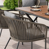 7 Pieces Patio Dining Set, All-Weather Outdoor Furniture Set With Dining Table And Chairs, Acacia Wood Tabletop, Metal Frame, For For Garden, Backyard, Balcony - Gray