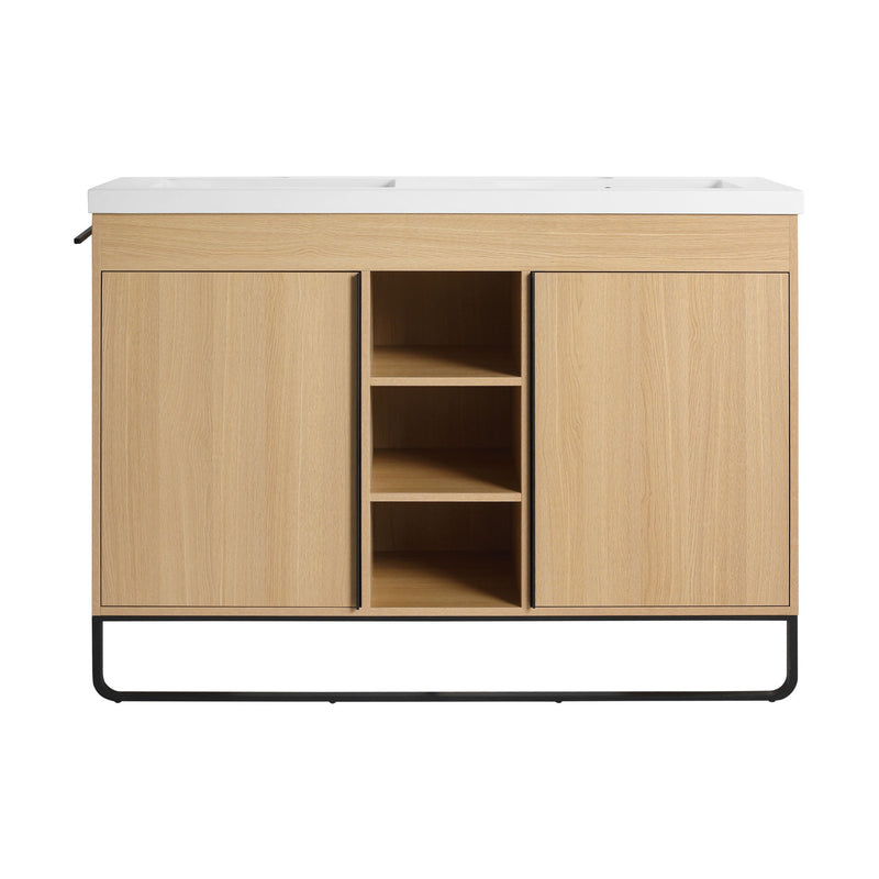 48" Freestanding Bathroom Vanity With Double Sink, 2 Soft Close Doors & 3 Open Shelves - Oak