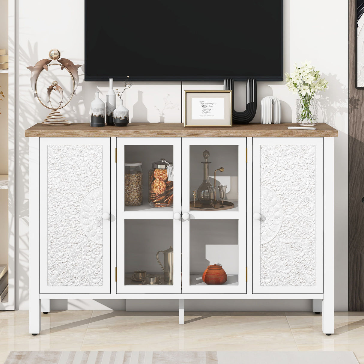 Retro TV Stand With 3 Spacious Cabinets, Glass Cabinet Doors And Anti-Tip Device