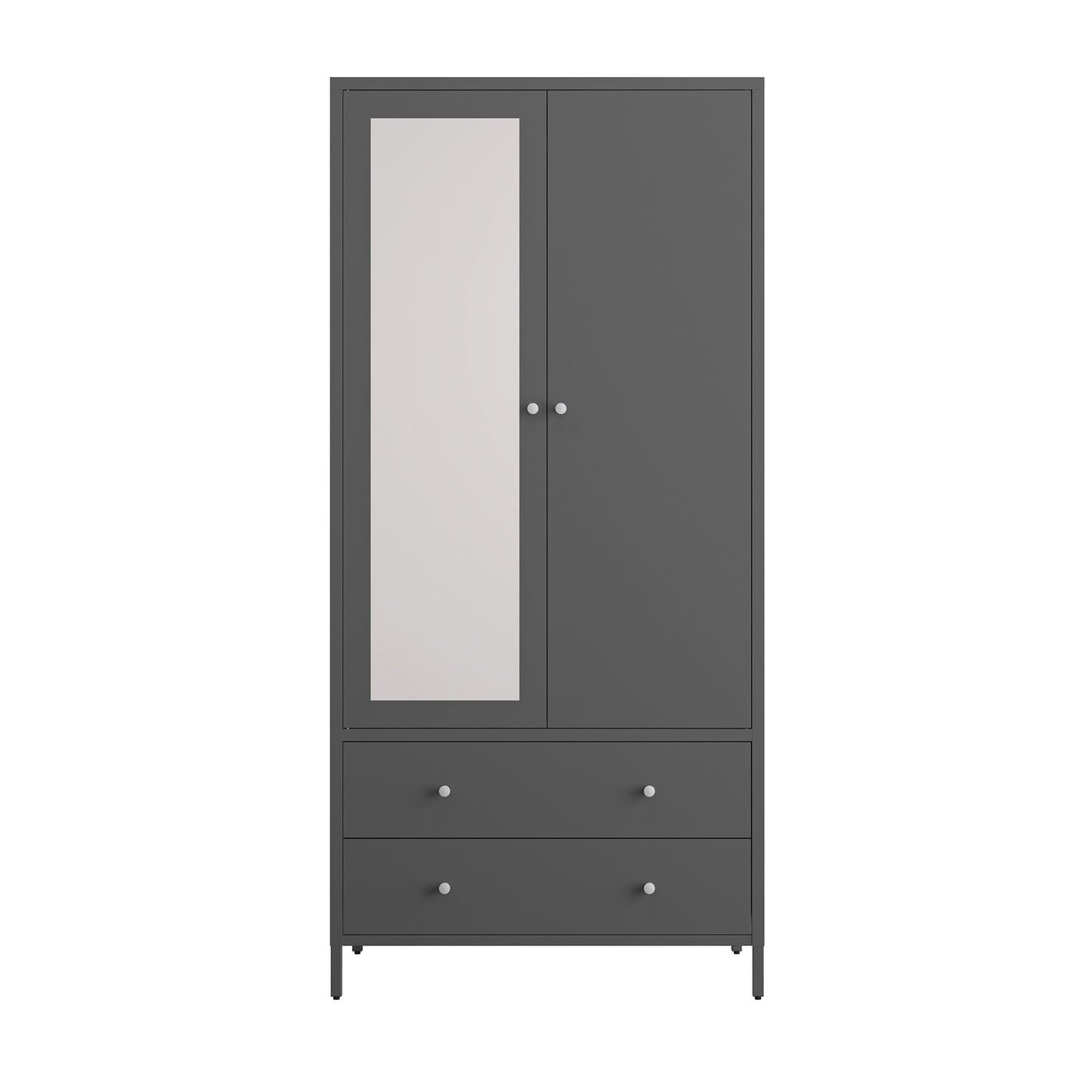 Metal Armoire Wardrobe Closet with 2 Drawers, Mirror Door and Hanging Rod, Metal Clothing Storage Cabinet, Garment Organizer with Magnetic Door - Dark Grey