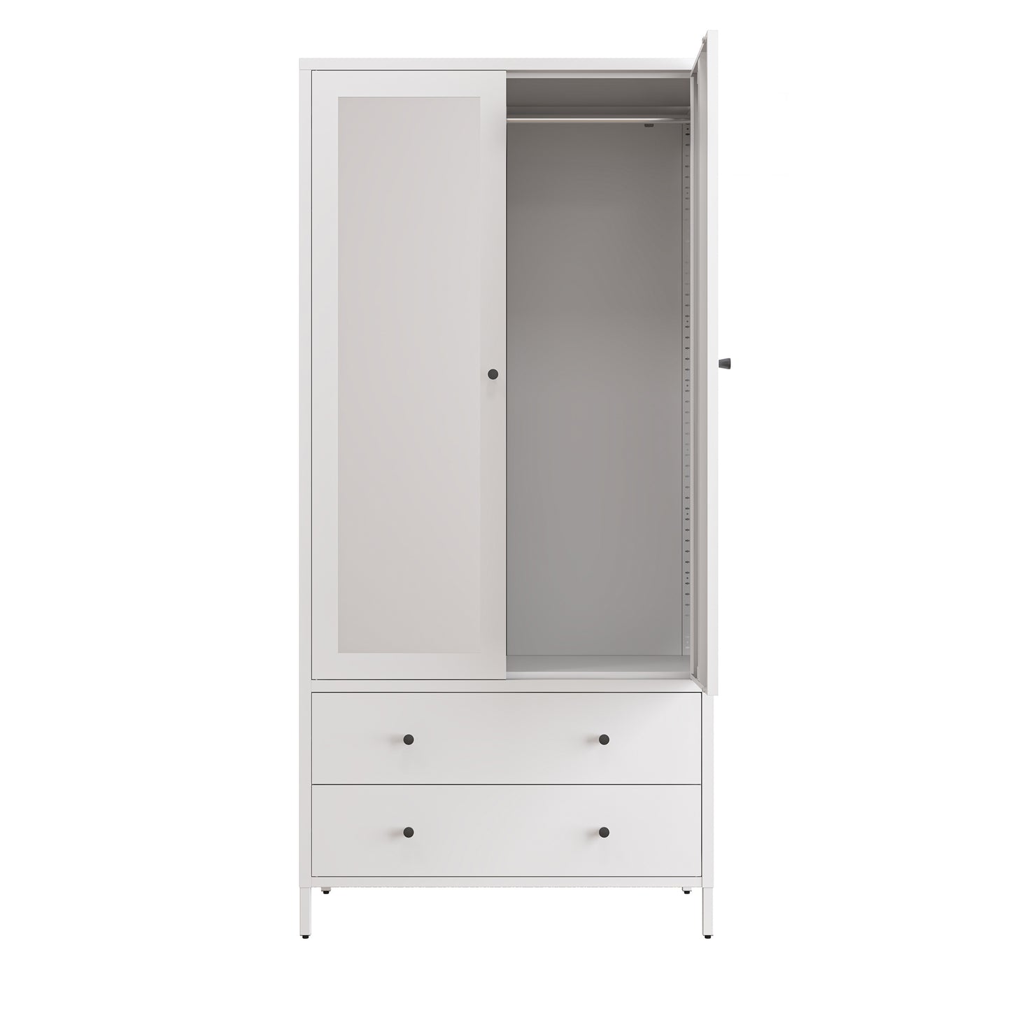 Metal Armoire Wardrobe Closet with 2 Drawers, Mirror Door and Hanging Rod, Metal Clothing Storage Cabinet, Garment Organizer with Magnetic Door - White