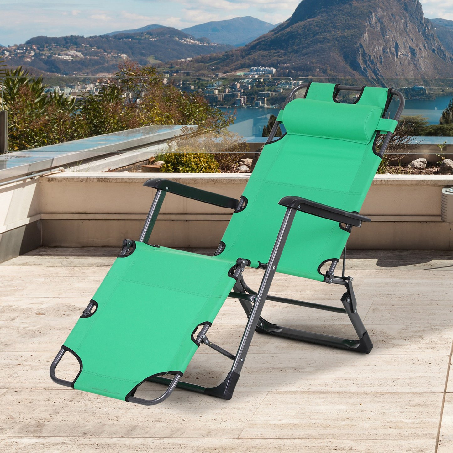 Tanning Chair, 2-in-1 Beach Lounge Chair & Camping Chair w/ Pillow & Pocket, Adjustable Chaise for Sunbathing Outside, Patio, Poolside, Green