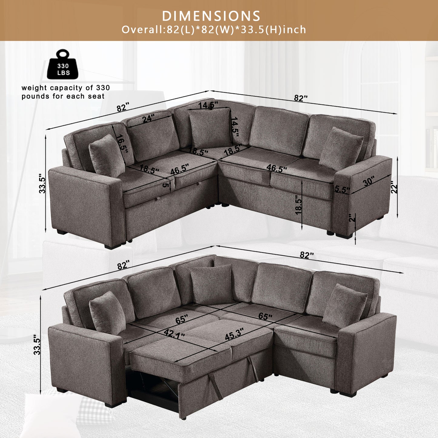 Modular Sofa, Sectional Couch L Shaped Sofa Couch with Pullout Sleeper, 5 Seat Chenille Corner Sofa for Living Room, 3 Pillows Included, Light Brown