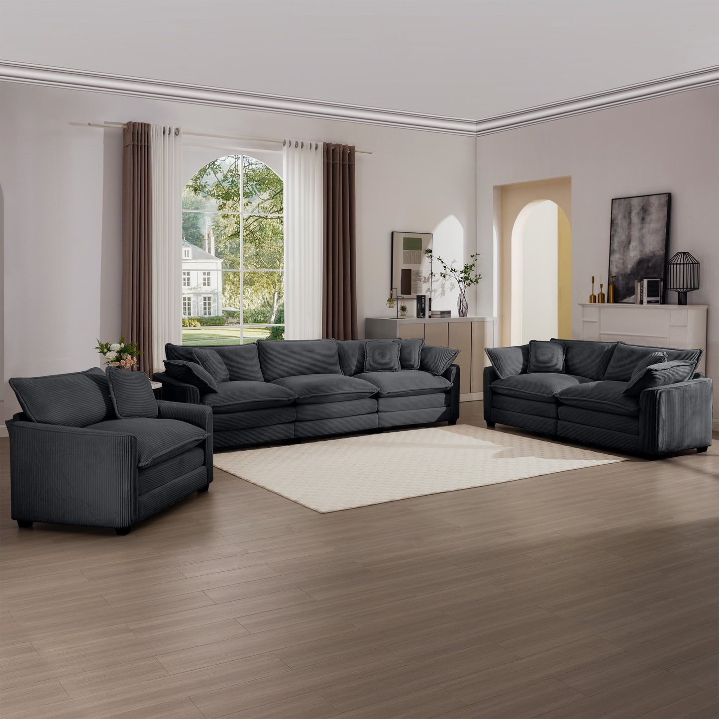 Luxurious and Sophisticated Sofa Set with Soft Cushions and Pillows, Home for Living Rooms and Clubs as well as Home Theaters, Consisting of Two Single Sofas and a 3-Seater Sofas in Grey Corduroy Fabr