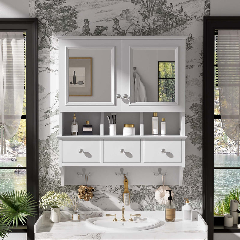 Modern Bathroom Mirror Cabinet With Drawers, Organizer Hooks, And High-Definition Mirrors