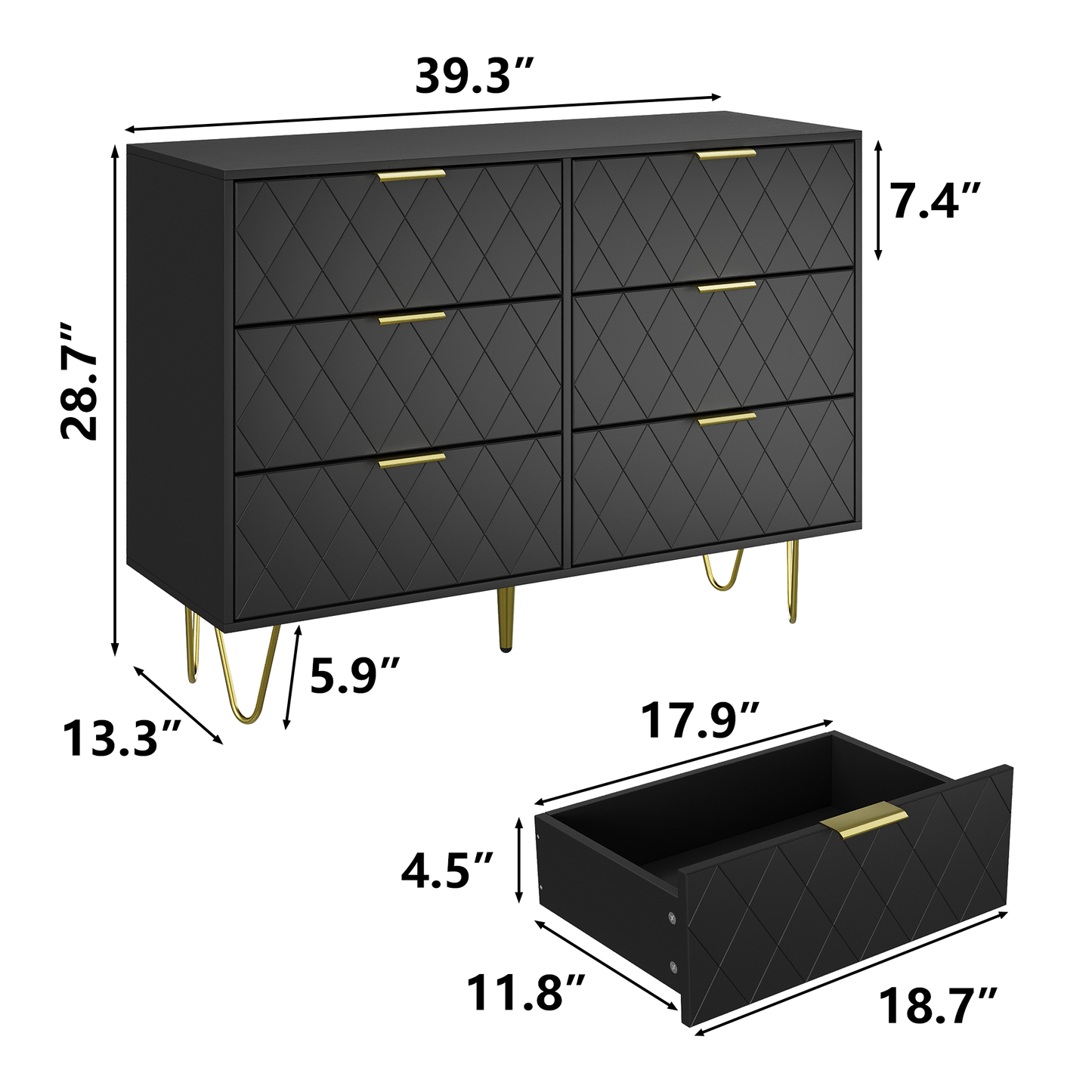 Modern black 6 Drawers for Bedroom, Small Size Modern 6 Drawer Dresser, Wide Chest of Drawers with Gold Handles, Wood Double Dresser Storage Cabinet for Living Room, Bedroom, Hallway