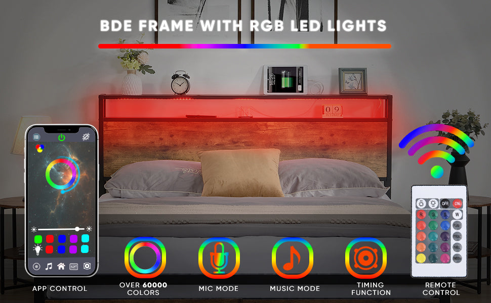 Queen Size Bed Frame with Storage Headboard and 2 Drawers, LED Lights Bed with Charging Station, Metal Platform Bed No Noise, Mattress Foundation Strong Metal Slats Support No Box Spring Needed