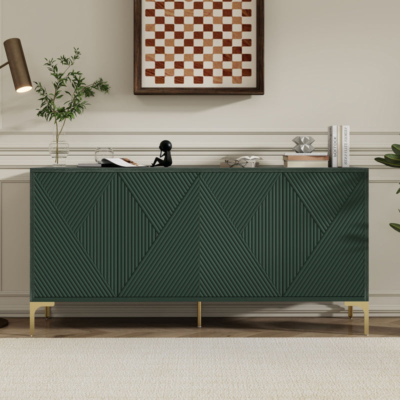 Modern Wood Sideboard Cabinet With Carved Door Panels, Adjustable Shelves, And Sturdy Metal Legs