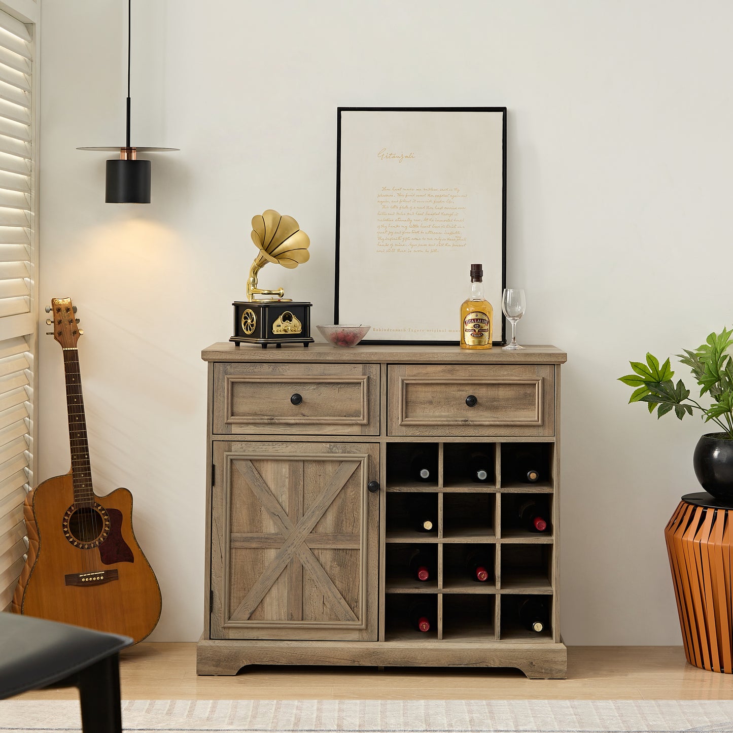 Farmhouse Buffet Cabinet with Storage Sideboard with 2 Drawers, Wine Bar Cabinet with Removable Wine Racks Storage Shelves, Liquor Coffee Bar Cupboard for Kitchen, Dining Room, Gray Wash39.37*15.75*34