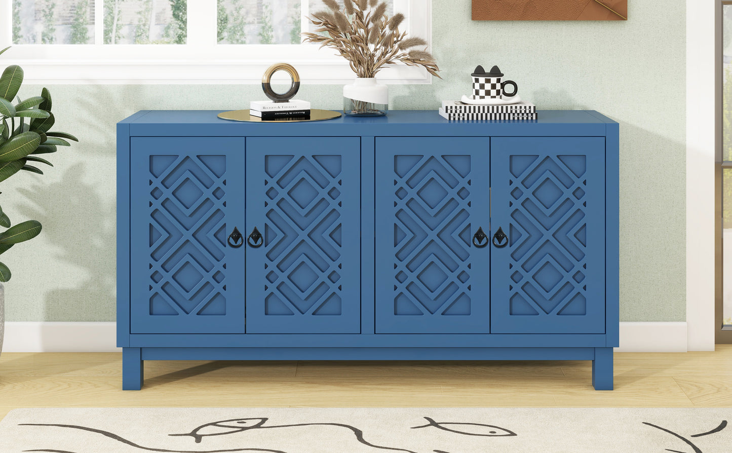 TREXM Large Storage Space Sideboard, 4 Door Buffet Cabinet with Pull Ring Handles for Living Room, Dining Room (Navy)