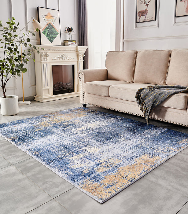 ZARA Collection Abstract Design Blue Gold Machine Washable Super Soft Area Rug