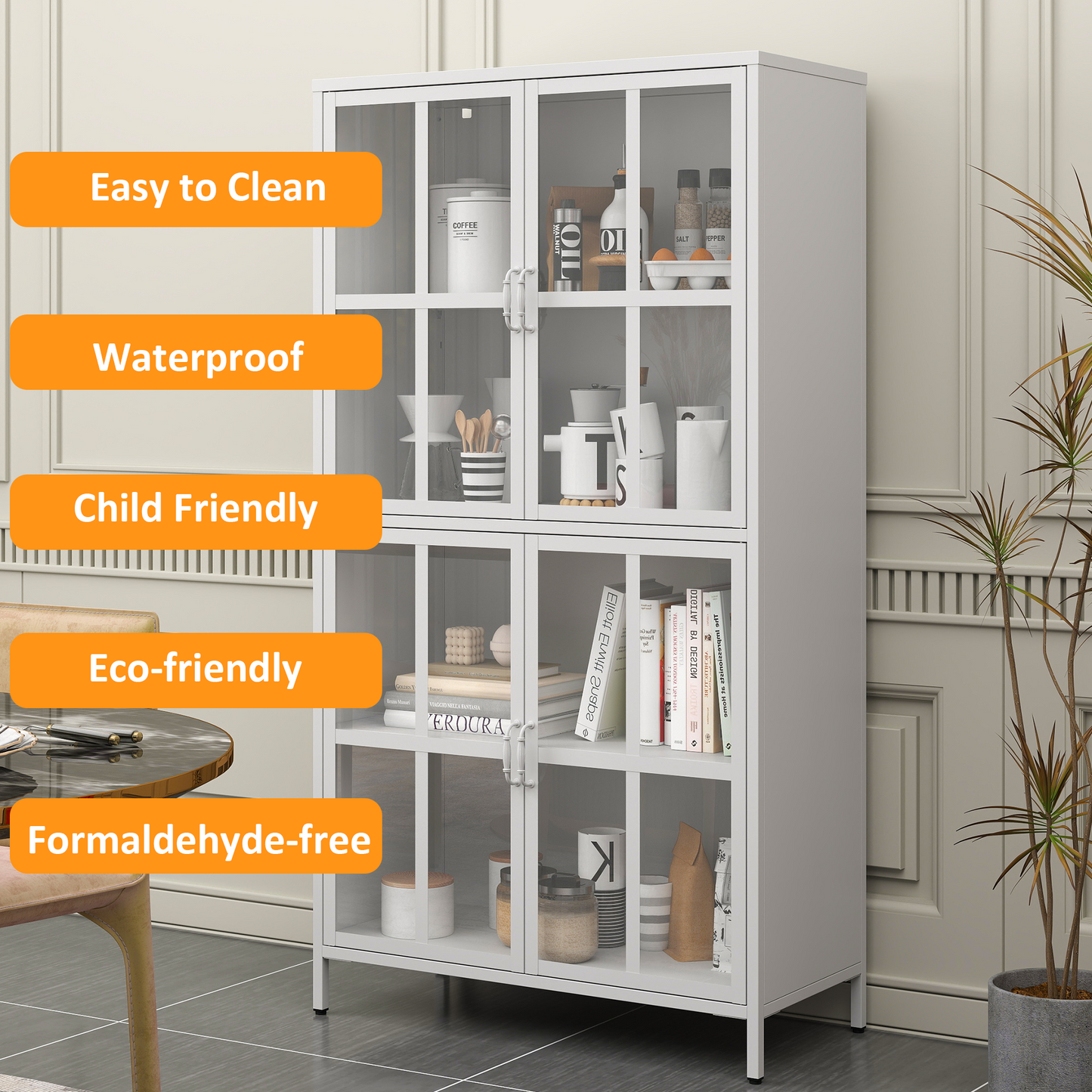 Premium Metal Storage Cabinet with Tempered Glass Doors,Sideboards & Buffets, Adjustable Shelves, Anti-Tipping Device, Magnetic Silent Closure, and Adjustable Feet for Home and Office Use