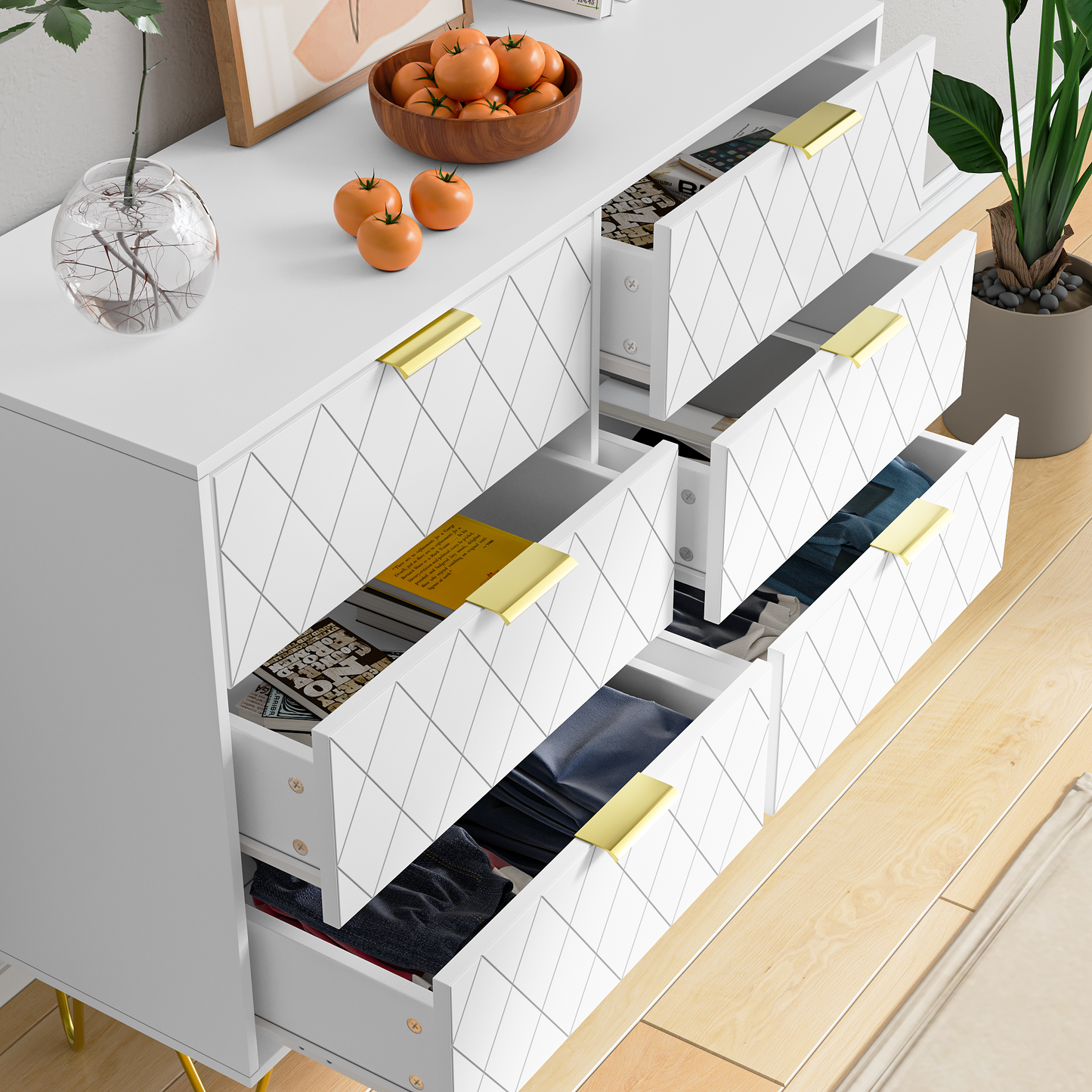 Modern white 6 Drawers for Bedroom, Small Size Wooden drawers with Gold Handles,  Chest Dresser with Deep Drawers for living room