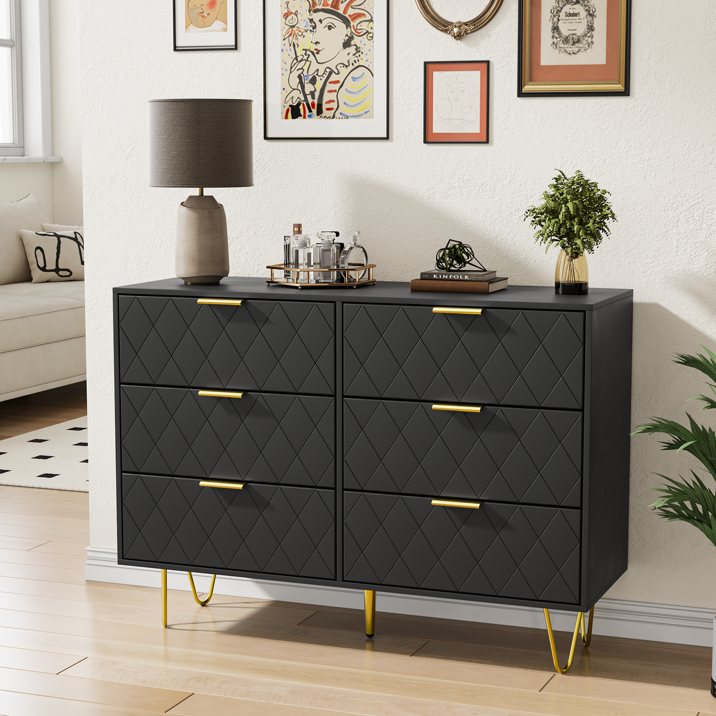 Modern black 6 Drawers for Bedroom, Small Size Modern 6 Drawer Dresser, Wide Chest of Drawers with Gold Handles, Wood Double Dresser Storage Cabinet for Living Room, Bedroom, Hallway