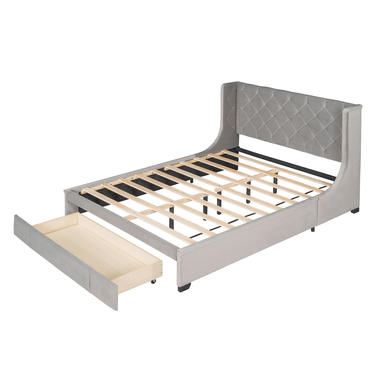 Storage Bed Velvet Upholstered Platform Bed With Wingback Headboard And A Big Drawer