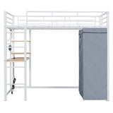 Loft Bed With Desk, Shelves, Power Outlet, LED Light And Wardrobe