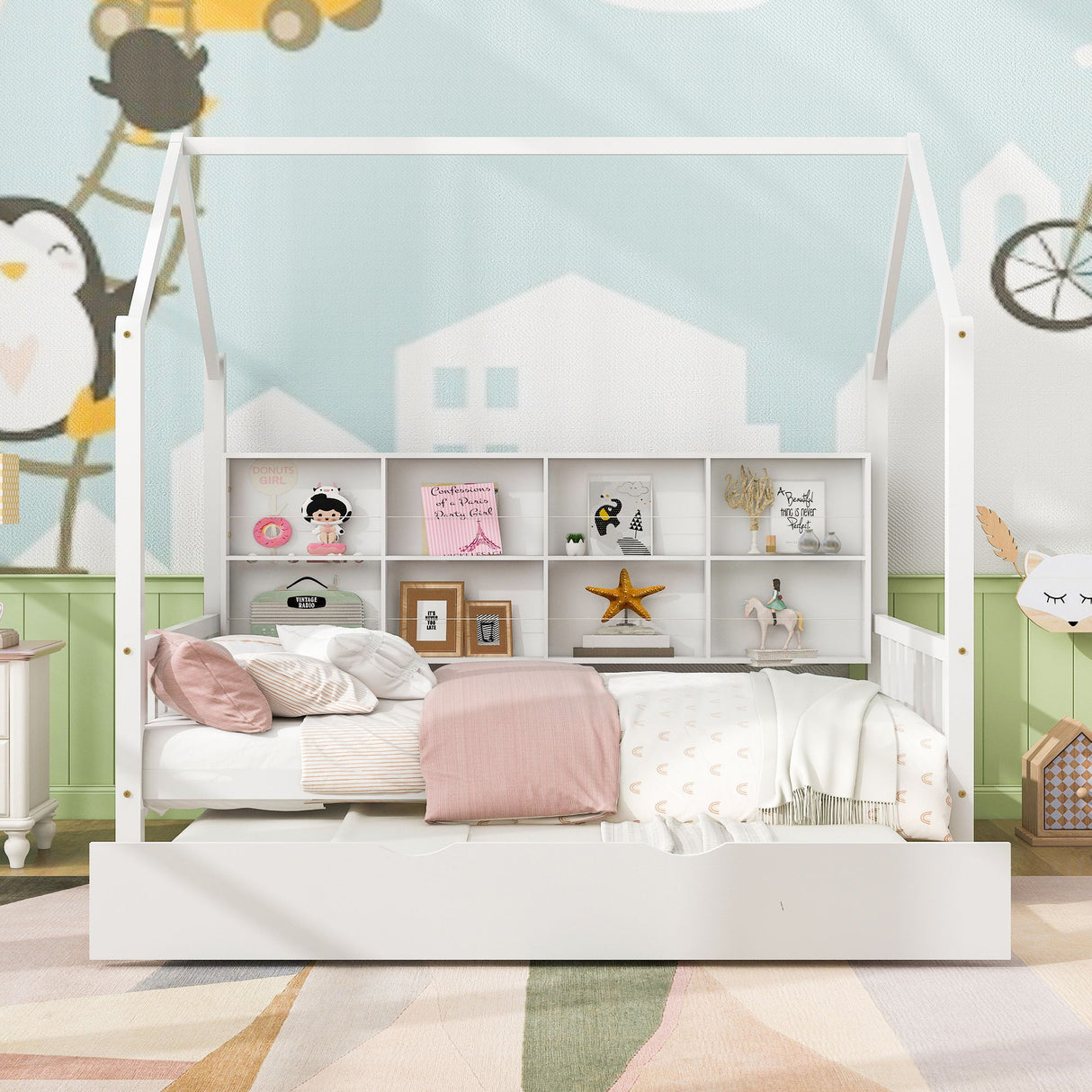 House Bed With Trundle, Kids Bed With Shelf