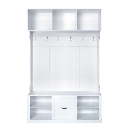 Hall Tree With 6 Hooks, Coat Hanger, Entryway Bench