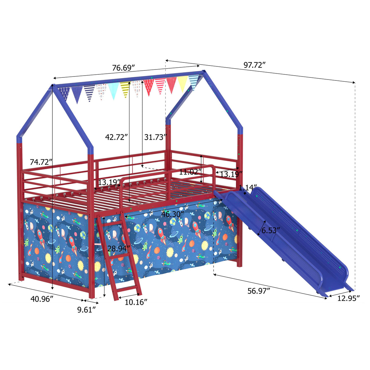 Jack - House Loft Bed With Slide And Curtain Set