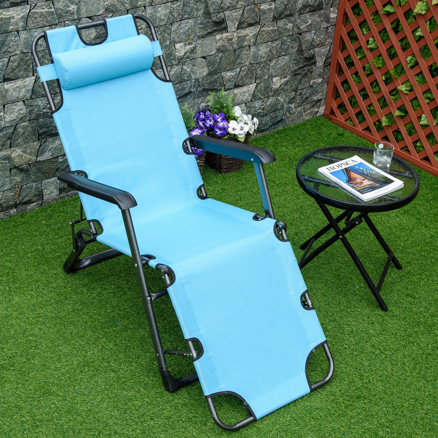 Outsunny Folding Chaise Lounge Chair for Outside, 2-in-1 Tanning Chair with Pillow & Pocket, Adjustable Pool Chair for Beach, Patio, Lawn, Deck, Blue