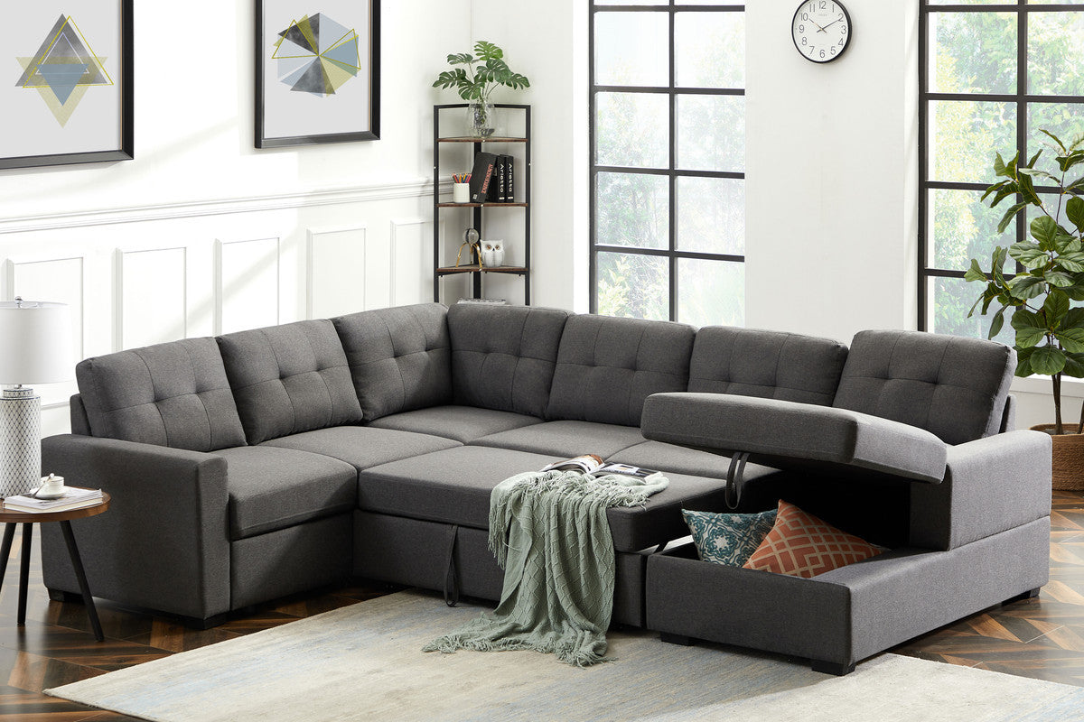 Selene 115.5" Dark Gray Linen Fabric Sleeper Sectional Sofa with Storage Chaise