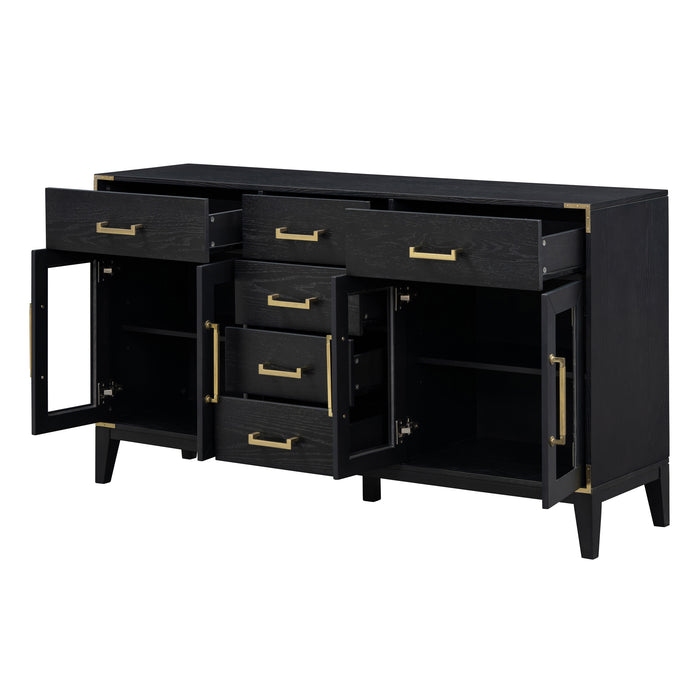 TREXM 6-drawer and 2-Cabinet Retro Sideboard with Extra Large Storage Space, with Gold Handles and Solid Wood Legs, for Kitchen and Living Room (Black)