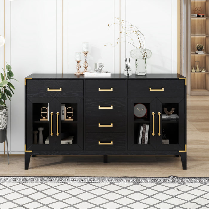 TREXM 6-drawer and 2-Cabinet Retro Sideboard with Extra Large Storage Space, with Gold Handles and Solid Wood Legs, for Kitchen and Living Room (Black)