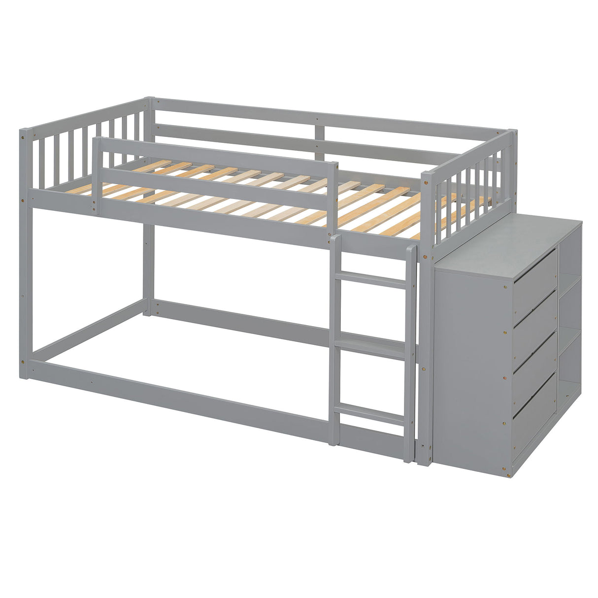 Twin Over Twin Classic Bunk Bed With 4 Drawers And 3 Shelves - Gray