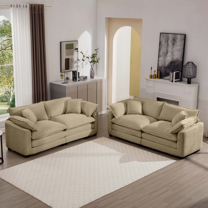 Modern Fabric Living Room Sofa Two Piece Set, Two 2-Seater Sofas with 8 Cushion Upholstery Large Deep Seat Recliner, Tan Corduroy Fabric