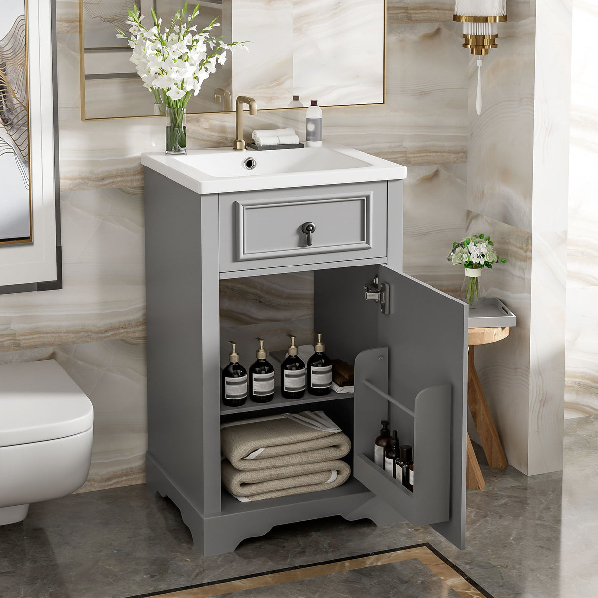 Elegant Bathroom Vanity With Ceramic Sink, Soft Close Door, Adjustable Shelf