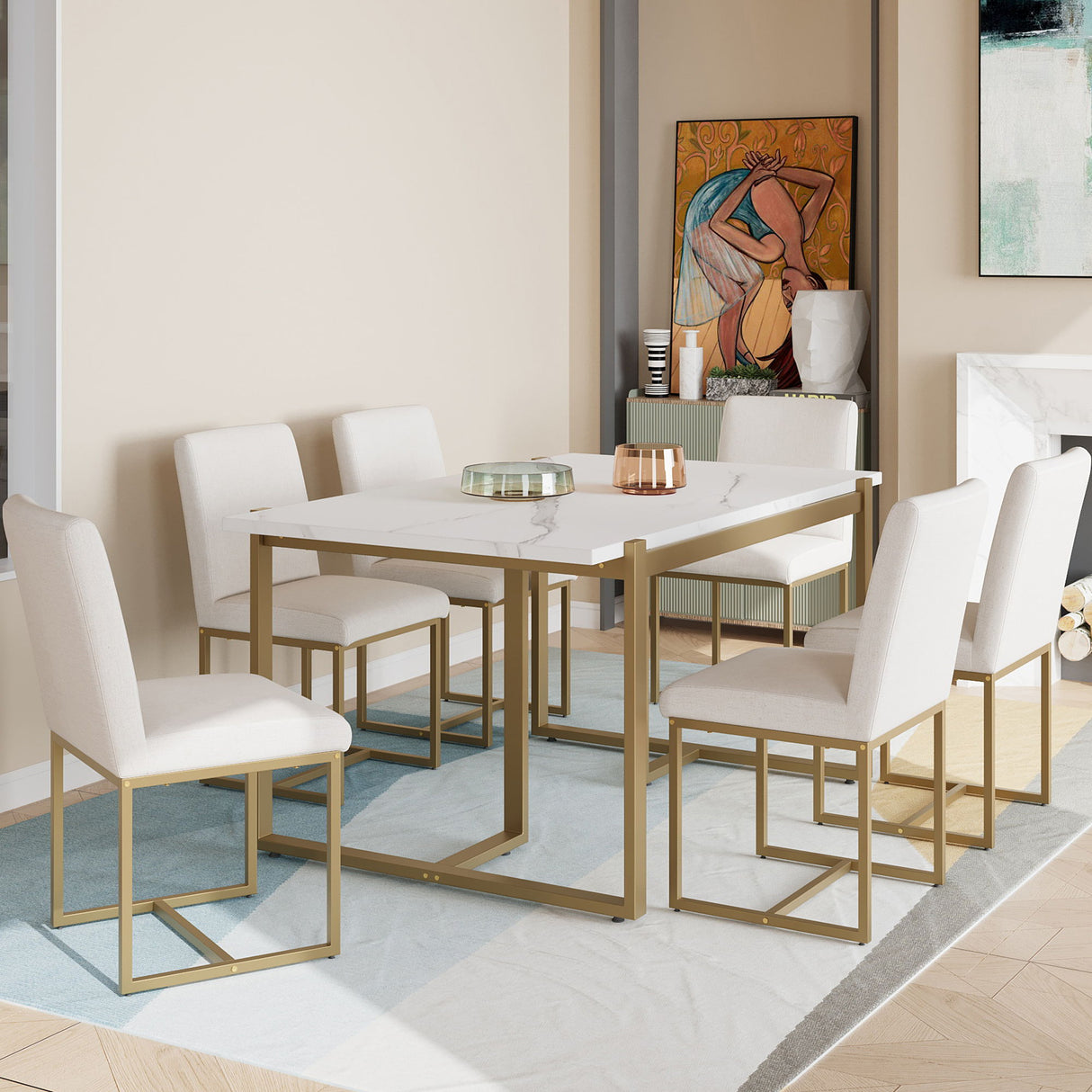 Modern Dining Table Set For 6 Faux Marble Kitchen Table Set With 6 Upholstered Dining Chairs, 7 Piece - White / Golden