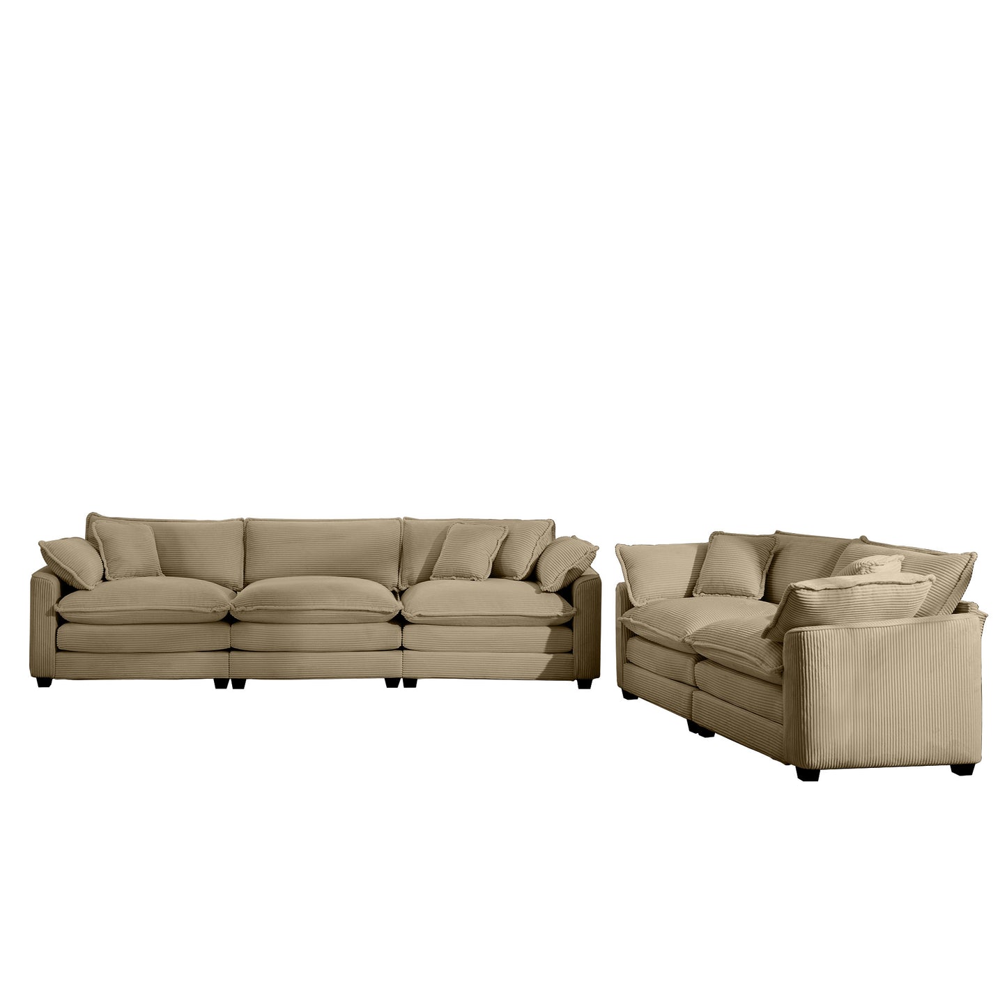 Modern Fabric Living Room Sofa Two Piece Set, Two 2-Seater Sofas with 8 Cushion Upholstery Large Deep Seat Recliner, Tan Corduroy Fabric