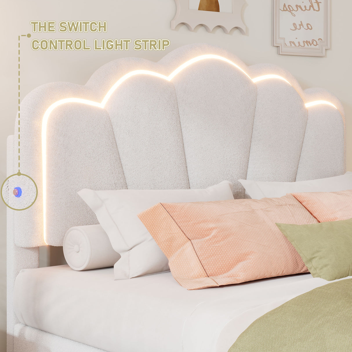 Upholstered Elegant Flowers Headboard With LED Light Strip, Platform Bed With Slats Support