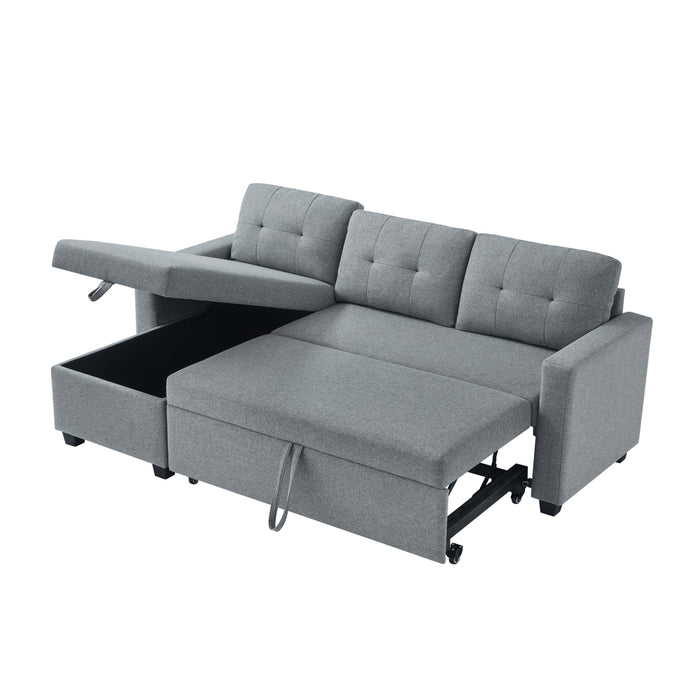 Upholstered Pull Out Sectional Sofa with Storage Chaise, Convertible Corner Couch, Light Grey