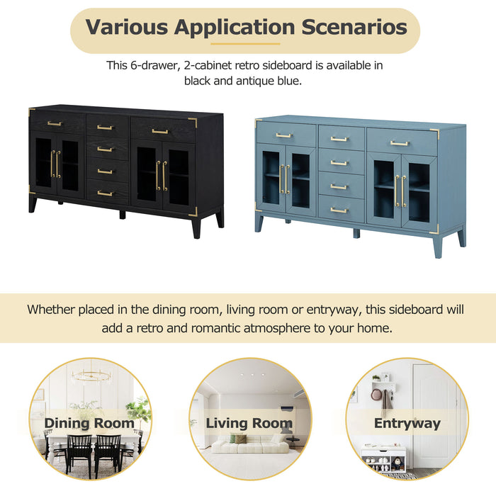 TREXM 6-drawer and 2-Cabinet Retro Sideboard with Extra Large Storage Space, with Gold Handles and Solid Wood Legs, for Kitchen and Living Room (Black)