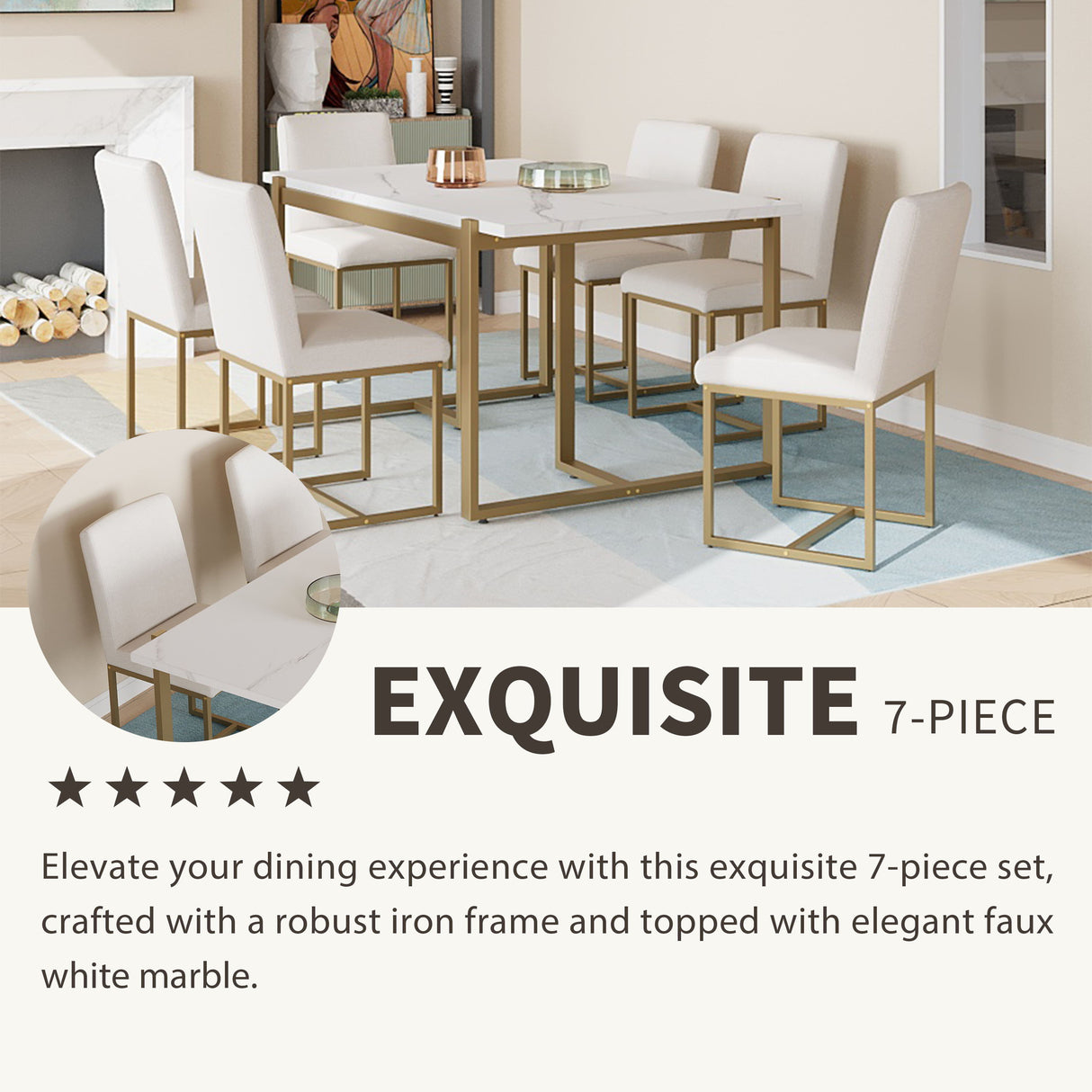 Modern Dining Table Set For 6 Faux Marble Kitchen Table Set With 6 Upholstered Dining Chairs, 7 Piece - White / Golden