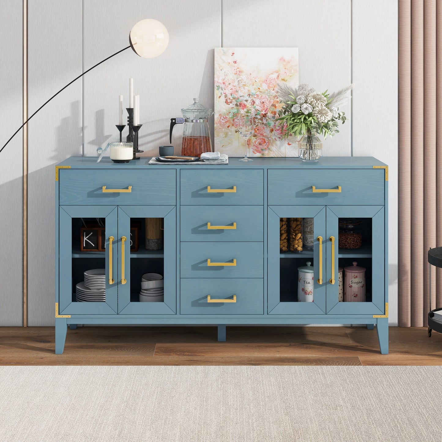 TREXM 6-drawer and 2-Cabinet Retro Sideboard with Extra Large Storage Space, with Gold Handles and Solid Wood Legs, for Kitchen and Living Room (Antique Blue)