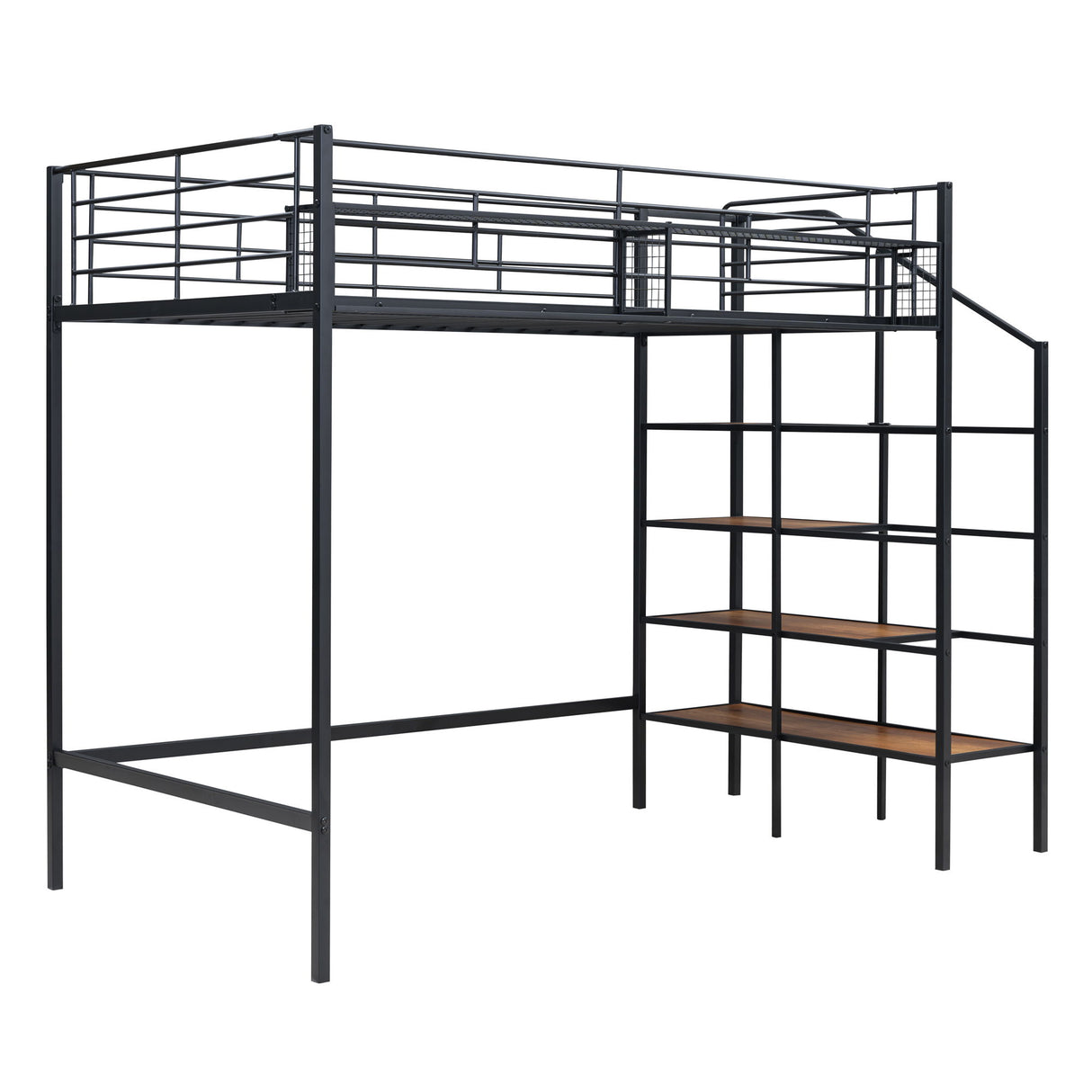 Loft Bed With Upper Grid Storage Shelf And Lateral Storage Ladder