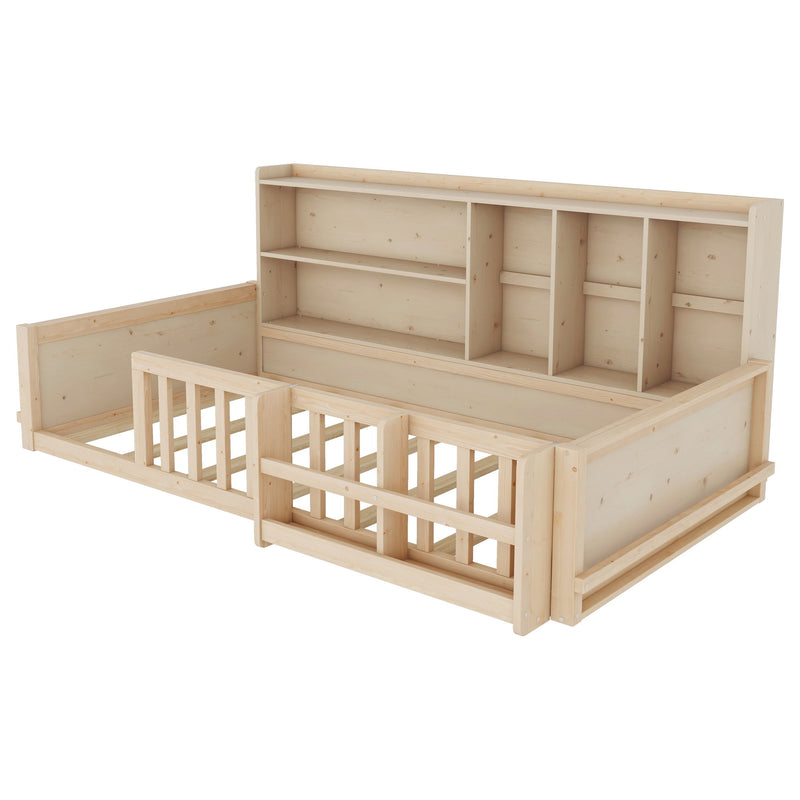 Platform Bed Frame With Guardrail, Storage Shelves & Bookshelf