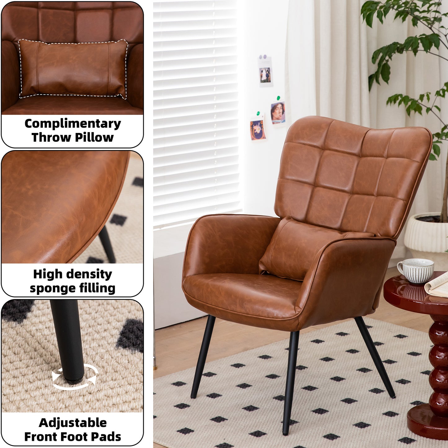 Bonded Leather Armchair, Modern Accent Chair High Back, Living Room Chairs with Metal Legs and Soft Padded, Sofa Chairs for Home Office,Bedroom,Dining Room (Brown-1pc)