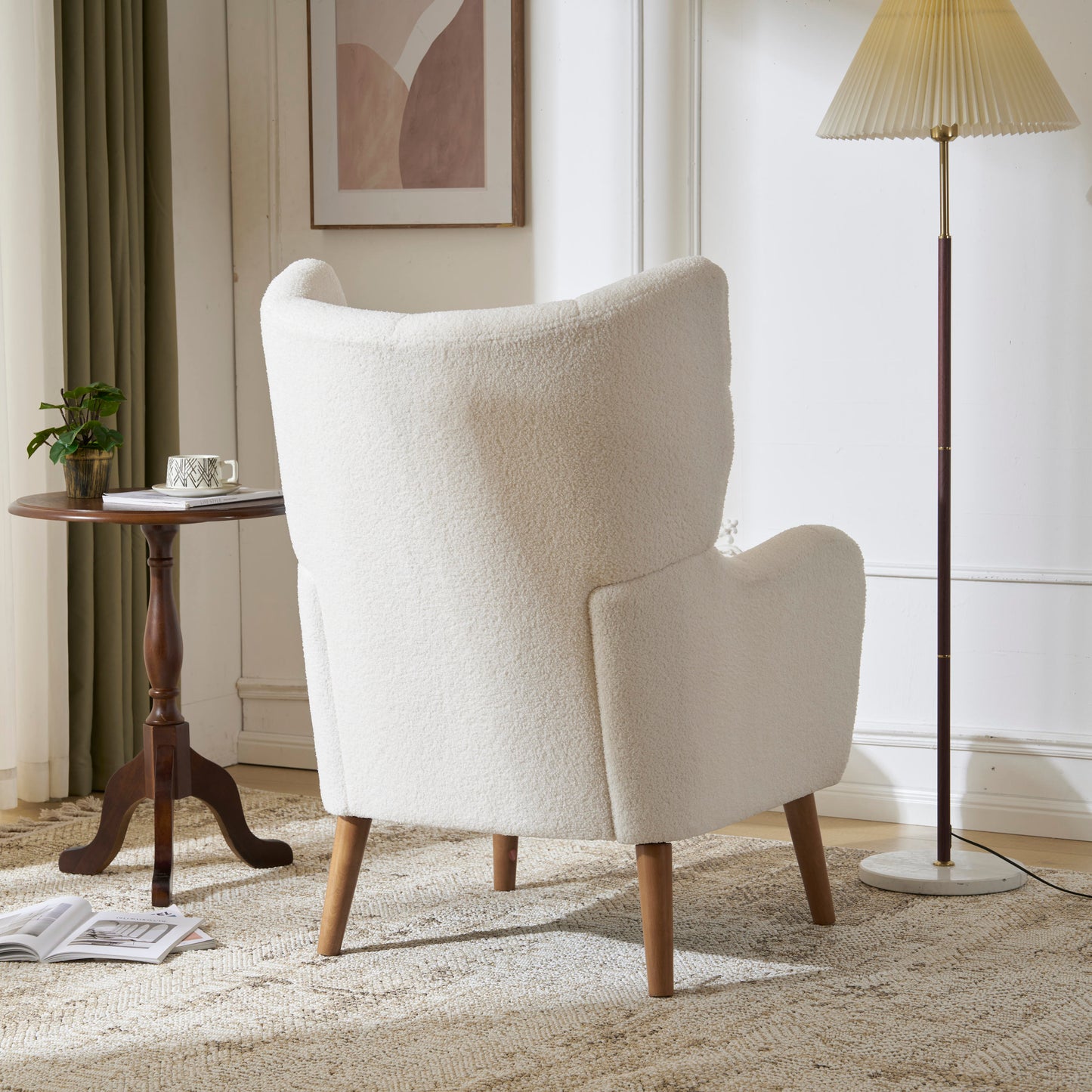 Mid-Century Ivory White High Back Accent/Club Chair with Thick Cushion, Modern Armchair with Round Arm and Birch Wood Legs, Teddy Wool Fabric, for Living Room, Office, Balcony, Bedroom and Study Room