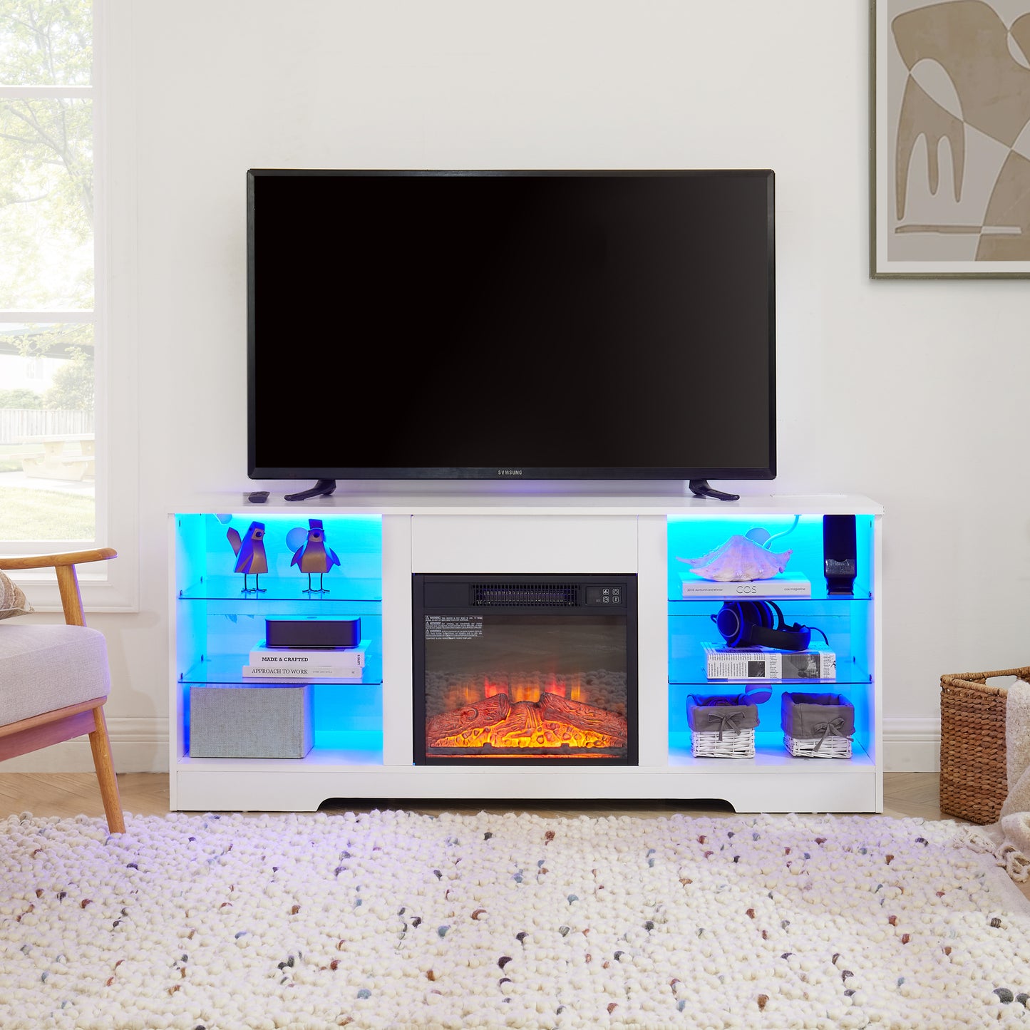 TV Stand Electric Fireplace  Glass Shelves, 3D Fireplace TV Stand with LED Lights Wood with USB Charging Outlet Modern Television Table Center for TV up to 62" White, 58''W*15.5''D*24.4