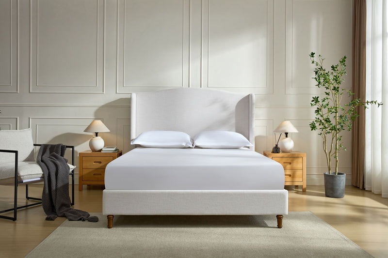 Hannah - Upholstered Wingback Bed Size / Tall Headboard Upholstered King Bed / Premium Textured Look / Minimalist Designs / No Box Spring Needed